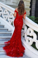 Elegant Long Red Off-the-shoulder Mermaid Prom Evening Dresses with Glitter